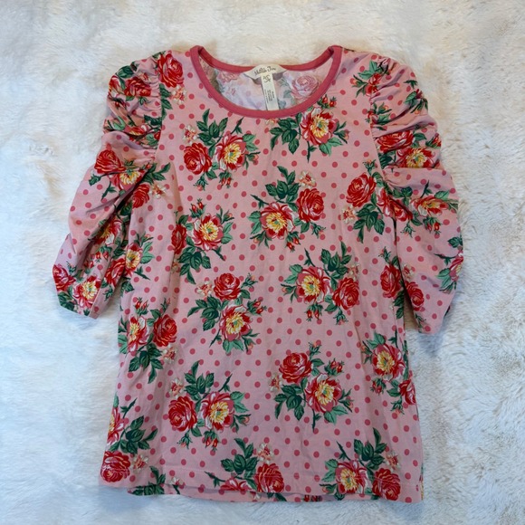 Matilda Jane Girls Pink Floral Polka Dot Puffed Sleeve Top Kids Size 12 - Picture 6 of 7